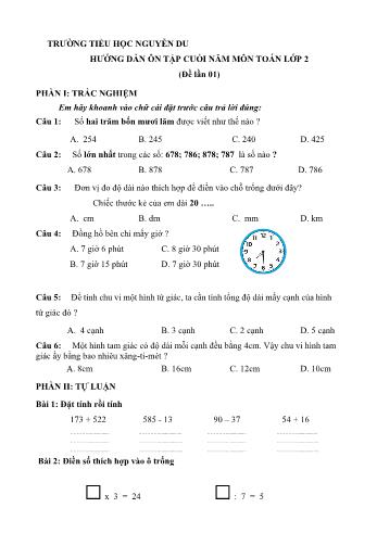 Hướng dẫn ôn tập cuối năm môn Toán Lớp 2 - Trường Tiểu học Nguyễn Du (Đề số 01)