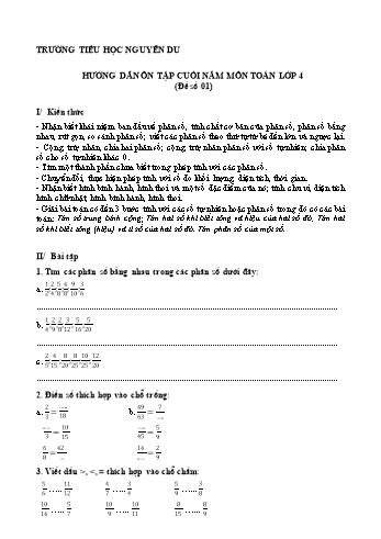 Hướng dẫn ôn tập cuối năm môn Toán Lớp 4 - Trường Tiểu học Nguyễn Du (Đề số 01)