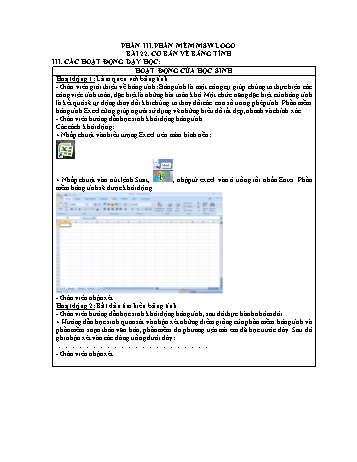 Bài giảng Tin học Lớp 5 - Phần 3: Phần mềm MSW logo, Bài 22: Cơ bản về bảng tính