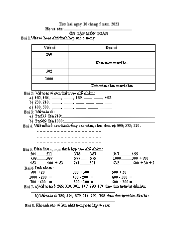 Bài ôn tập cuối năm môn Toán Lớp 5 - Ngày 10/5 Năm học 2020-2021 - Trường Tiểu học Hùng Vương