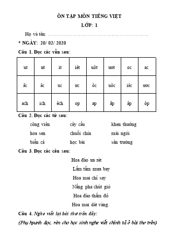 Bài ôn tập môn Tiếng Việt viết Lớp 1 - Ngày 20/2 Năm học 2020-2021 - Trường Tiểu học Thới An Đông 2