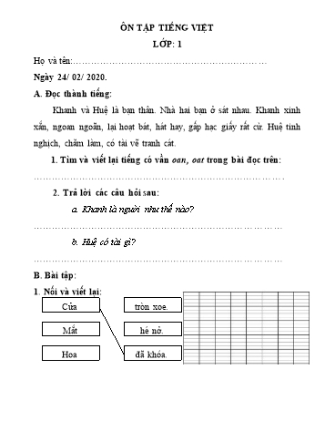 Bài ôn tập môn Tiếng Việt viết Lớp 1 - Ngày 24/2 Năm học 2020-2021 - Trường Tiểu học Thới An Đông 2