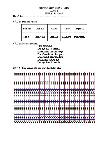 Bài ôn tập môn Tiếng Việt viết Lớp 1 - Ngày 9/3 Năm học 2020-2021 - Trường Tiểu học Thới An Đông 2