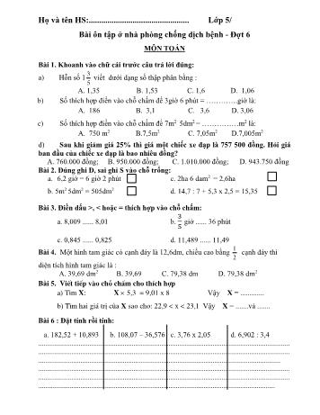 Bài ôn tập ở nhà môn Toán lớp 5 phòng chống dịch bệnh - Đợt 6