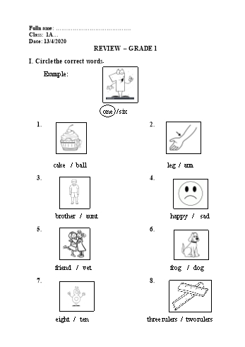 Bài tập ôn tập môn Tiếng Anh lớp 1 - Revision 12 - 13/4 Năm học 2020-2021