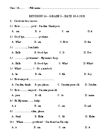 Bài tập ôn tập môn Tiếng Anh lớp 3 - Revision 14 - 30/4 Năm học 2020-2021