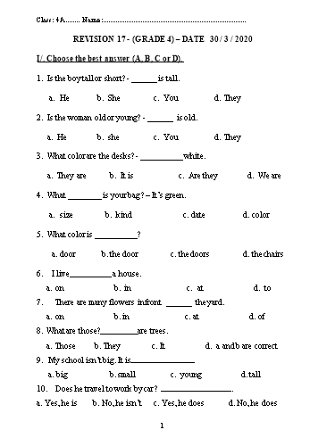 Bài tập ôn tập môn Tiếng Anh lớp 4 - Revision 17 - 30/3 Năm học 2020-2021