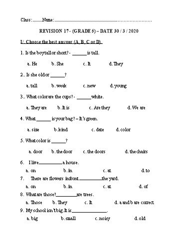 Bài tập ôn tập môn Tiếng Anh lớp 5 - Revision 17 - 30/3 Năm học 2020-2021