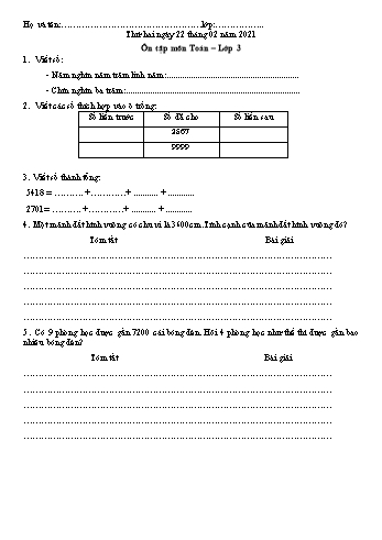 Bài tập ôn tập môn Toán Lớp 3 - Năm học 2020-2021