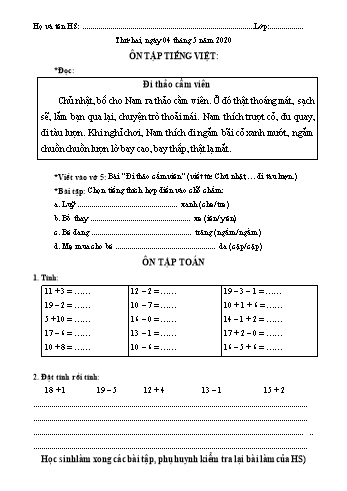 Bài tập ôn tập môn Toán và Tiếng Việt Lớp 1 - Ngày 4/5 Năm học 2020-2021