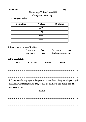 Bài tập ôn tập môn Toán và Tiếng Việt Lớp 3 - Năm học 2020-2021 (Lần 5)