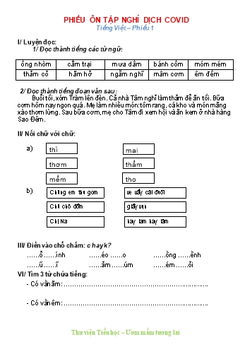 Bài tập ôn tập nghỉ dịch Covid môn Toán và Tiếng Việt Lớp 1 - Năm học 2020-2021 (Lần 3)