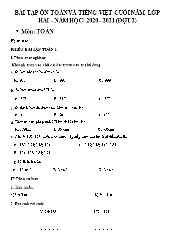 Bài tập ôn Toán và Tiếng Việt cuối năm lớp 2 - Năm học 2020 - 2021 (Đợt 2)