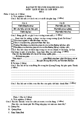 Bài tập tự ôn tập cuối năm môn Lịch sử và Địa lý Lớp 4 - Năm học 2020-2021 - Trường Tiểu học Hoàng Văn Thụ (Đề A)