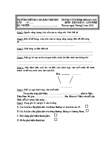 Đề ôn tập cuối năm học môn Khoa học Lớp 5 - Năm học 2020-2021 - Trường Tiểu học Hoàng Văn Thụ
