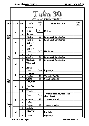 Giáo án học kì 2 lớp 2 - Tuần 30 Năm học 2020-2021 - Cao Thị Hải Quỳnh - Trường Tiểu học Lê Bá Trinh