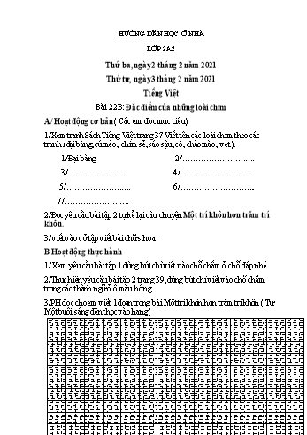 Hướng dẫn học ở nhà môn Toán và Tiếng Việt lớp 2 - Bài 22B: Đặc điểm của những loài chim