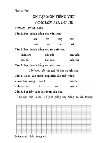 Hướng dẫn học ở nhà môn Toán và Tiếng Việt lớp 2 - Ngày 17/2/2020 - Trường Tiểu học Thới An Đông 2