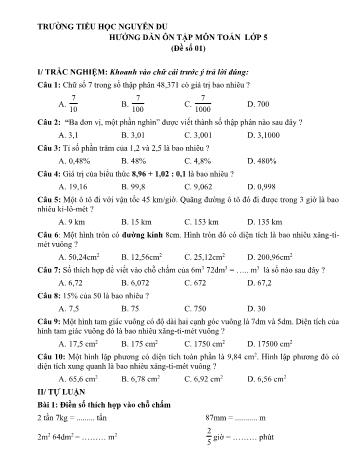 Hướng dẫn ôn tập cuối năm môn Toán Lớp 5 - Trường Tiểu học Nguyễn Du (Đề số 01)