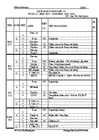 Kế hoạch bài dậy học kì 1 lớp 2 - Tuần 21 Năm học 2020-2021 - Cao Thị Hải Quỳnh - Trường Tiểu học Lê Bá Trinh