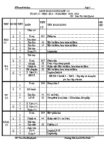 Kế hoạch bài dậy học kì 1 lớp 2 - Tuần 22 Năm học 2020-2021 - Cao Thị Hải Quỳnh - Trường Tiểu học Lê Bá Trinh