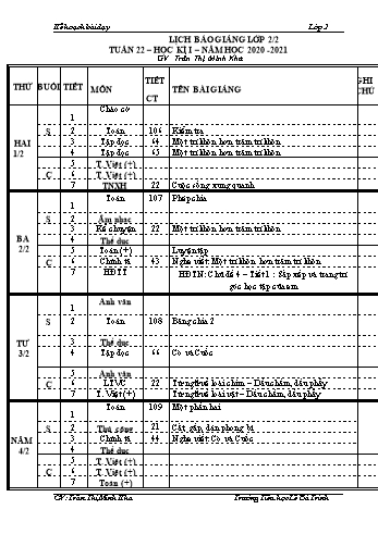 Kế hoạch bài dậy học kì 1 lớp 2 - Tuần 22 Năm học 2020-2021 - Trần Thị Minh Kha - Trường Tiểu học Lê Bá Trinh