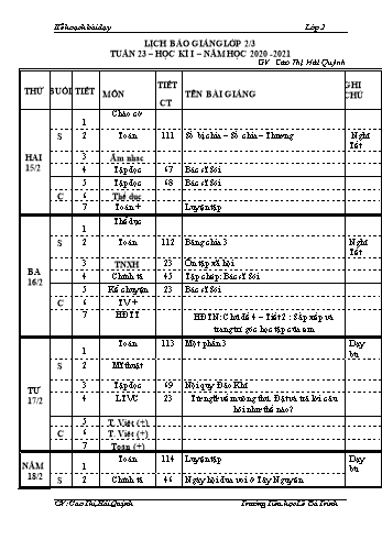Kế hoạch bài dậy học kì 1 lớp 2 - Tuần 23 Năm học 2020-2021 - Cao Thị Hải Quỳnh - Trường Tiểu học Lê Bá Trinh