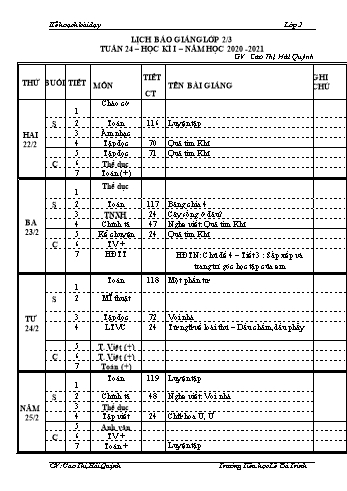 Kế hoạch bài dậy học kì 1 lớp 2 - Tuần 24 Năm học 2020-2021 - Cao Thị Hải Quỳnh - Trường Tiểu học Lê Bá Trinh