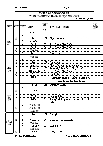 Kế hoạch bài dậy học kì 1 lớp 2 - Tuần 25 Năm học 2020-2021 - Cao Thị Hải Quỳnh - Trường Tiểu học Lê Bá Trinh