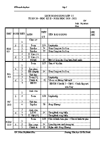 Kế hoạch bài dậy học kì 1 lớp 2 - Tuần 26 Năm học 2020-2021 - Trần Thị Minh Kha - Trường Tiểu học Lê Bá Trinh