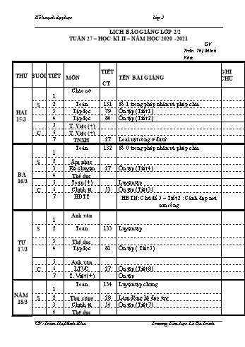 Kế hoạch bài dậy học kì 1 lớp 2 - Tuần 27 Năm học 2020-2021 - Trần Thị Minh Kha - Trường Tiểu học Lê Bá Trinh