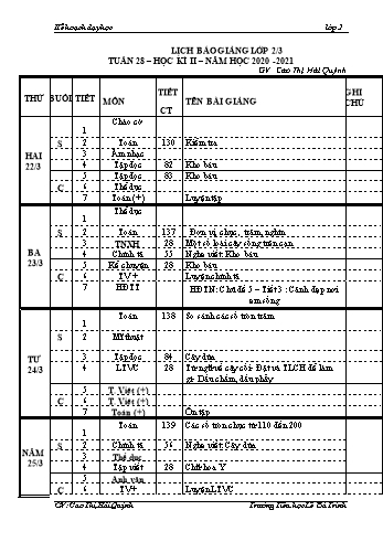 Kế hoạch bài dậy học kì 1 lớp 2 - Tuần 28 Năm học 2020-2021 - Cao Thị Hải Quỳnh - Trường Tiểu học Lê Bá Trinh