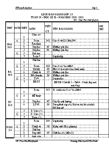 Kế hoạch bài dậy học kì 1 lớp 2 - Tuần 29 Năm học 2020-2021 - Cao Thị Hải Quỳnh - Trường Tiểu học Lê Bá Trinh