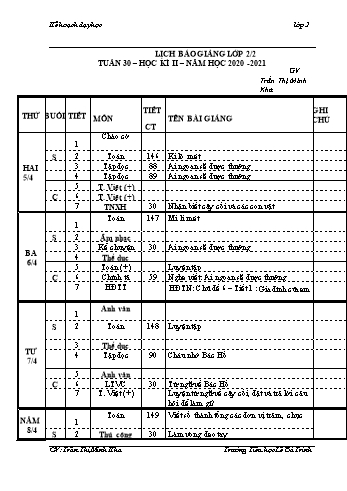 Kế hoạch bài dậy học kì 1 lớp 2 - Tuần 30 Năm học 2020-2021 - Trần Thị Minh Kha - Trường Tiểu học Lê Bá Trinh