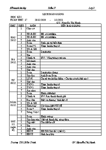 Kế hoạch bài dạy học kì 1 lớp 3 - Tuần 17 Năm học 2020-2021 - Nguyễn Thị Hạnh - Trường Tiểu học Lê Bá Trinh