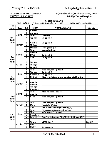 Kế hoạch bài dạy học kì 1 lớp 4 - Tuần 10 Năm học 2020-2021 - Lê Thị Diệu Hạnh - Trường Tiểu học Lê Bá Trinh