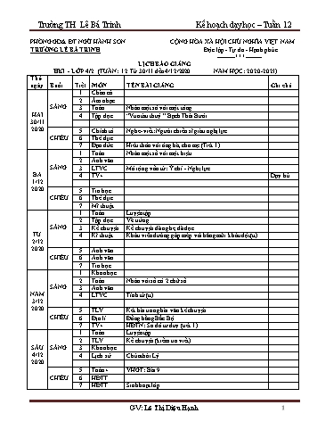 Kế hoạch bài dạy học kì 1 lớp 4 - Tuần 12 Năm học 2020-2021 - Lê Thị Diệu Hạnh - Trường Tiểu học Lê Bá Trinh