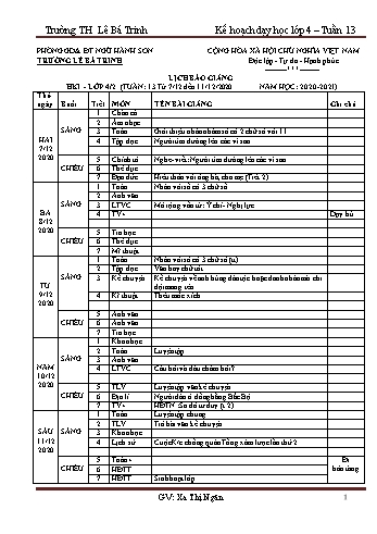 Kế hoạch bài dạy học kì 1 lớp 4 - Tuần 13 Năm học 2020-2021 - Lê Thị Diệu Hạnh - Trường Tiểu học Lê Bá Trinh