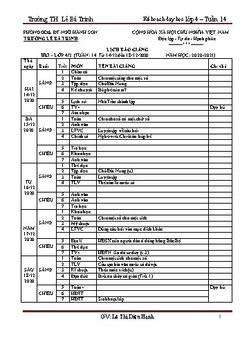 Kế hoạch bài dạy học kì 1 lớp 4 - Tuần 14 Năm học 2020-2021 - Lê Thị Diệu Hạnh - Trường Tiểu học Lê Bá Trinh