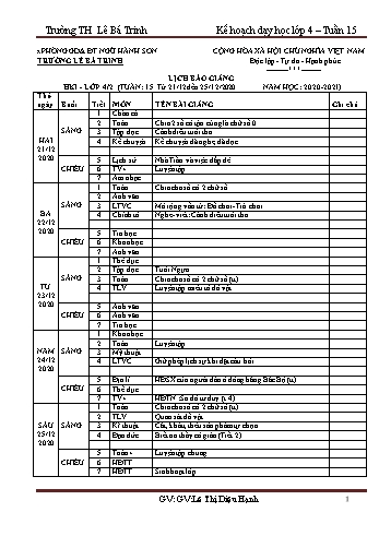 Kế hoạch bài dạy học kì 1 lớp 4 - Tuần 15 Năm học 2020-2021 - Lê Thị Diệu Hạnh - Trường Tiểu học Lê Bá Trinh