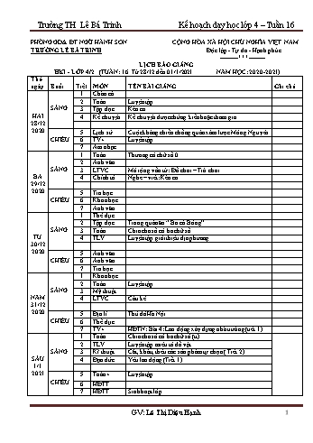 Kế hoạch bài dạy học kì 1 lớp 4 - Tuần 16 Năm học 2020-2021 - Lê Thị Diệu Hạnh - Trường Tiểu học Lê Bá Trinh