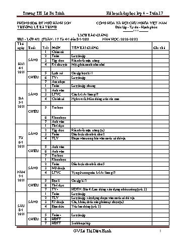 Kế hoạch bài dạy học kì 1 lớp 4 - Tuần 17 Năm học 2020-2021 - Lê Thị Diệu Hạnh - Trường Tiểu học Lê Bá Trinh