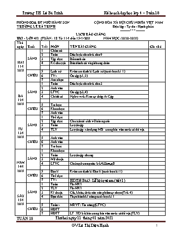 Kế hoạch bài dạy học kì 1 lớp 4 - Tuần 18 Năm học 2020-2021 - Lê Thị Diệu Hạnh - Trường Tiểu học Lê Bá Trinh