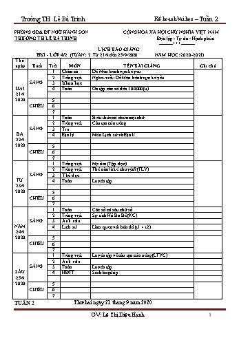 Kế hoạch bài dạy học kì 1 lớp 4 - Tuần 2 Năm học 2020-2021 - Lê Thị Diệu Hạnh - Trường Tiểu học Lê Bá Trinh