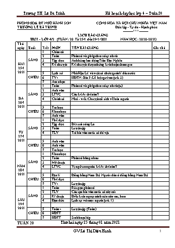 Kế hoạch bài dạy học kì 1 lớp 4 - Tuần 20 Năm học 2020-2021 - Lê Thị Diệu Hạnh - Trường Tiểu học Lê Bá Trinh