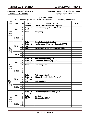 Kế hoạch bài dạy học kì 1 lớp 4 - Tuần 3 Năm học 2020-2021 - Lê Thị Diệu Hạnh - Trường Tiểu học Lê Bá Trinh