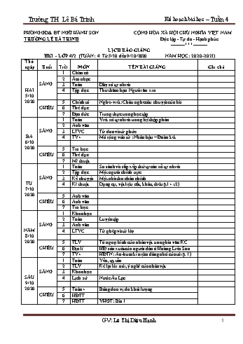 Kế hoạch bài dạy học kì 1 lớp 4 - Tuần 4 Năm học 2020-2021 - Lê Thị Diệu Hạnh - Trường Tiểu học Lê Bá Trinh