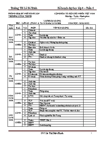 Kế hoạch bài dạy học kì 1 lớp 4 - Tuần 6 Năm học 2020-2021 - Lê Thị Diệu Hạnh - Trường Tiểu học Lê Bá Trinh