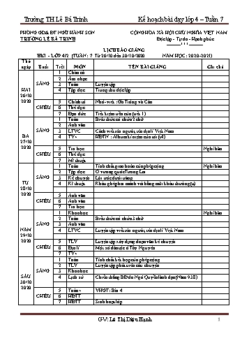 Kế hoạch bài dạy học kì 1 lớp 4 - Tuần 7 Năm học 2020-2021 - Lê Thị Diệu Hạnh - Trường Tiểu học Lê Bá Trinh
