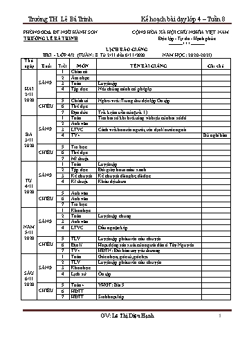 Kế hoạch bài dạy học kì 1 lớp 4 - Tuần 8 Năm học 2020-2021 - Lê Thị Diệu Hạnh - Trường Tiểu học Lê Bá Trinh